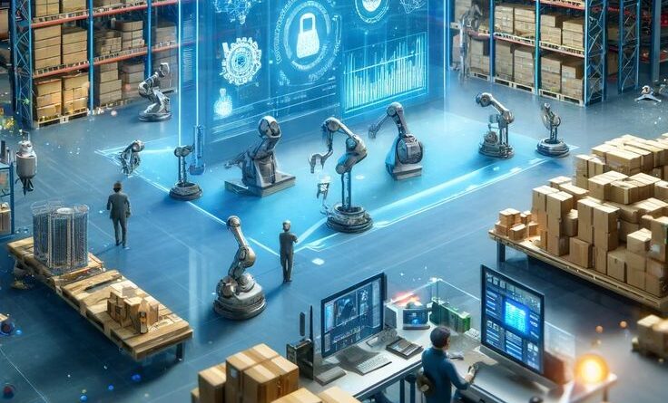 Magazyn hurtowy przyszłości z robotem sortującym produkty, ekranem z analizą danych i panelem AI – symbol automatyzacji i sztucznej inteligencji w zakupach B2B w 2025 roku.
