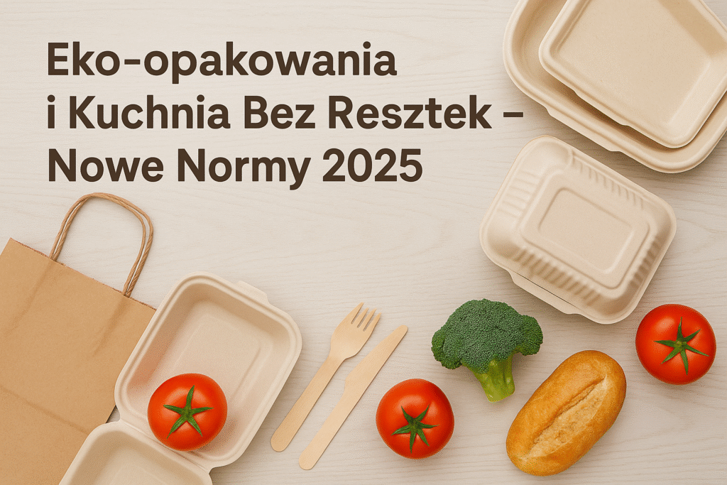 Eko-opakowania i świeże warzywa na drewnianym tle – kuchnia bez resztek w duchu zrównoważonego rozwoju 2025.