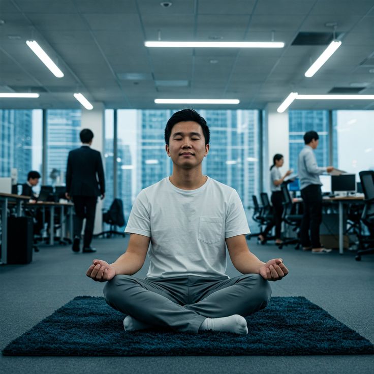 Zespół pracowników uczestniczących w sesji mindfulness – integracja well-being w środowisku biznesowym
