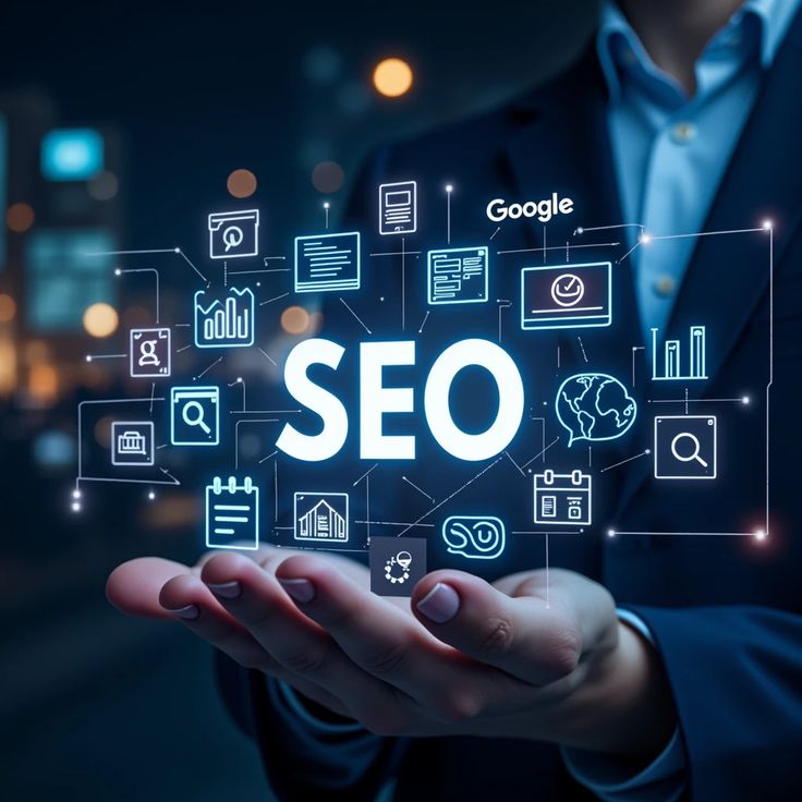 Wizualizacja trendów SEO na 2025 rok – AI, UX i E-E-A-T na tle ekranu z wynikami wyszukiwania Google