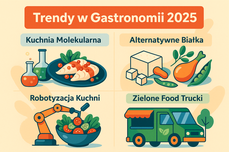  Ilustracja przedstawiająca trendy gastronomiczne 2025 – kuchnia molekularna, alternatywne białka, robotyzacja kuchni i zielone food trucki.