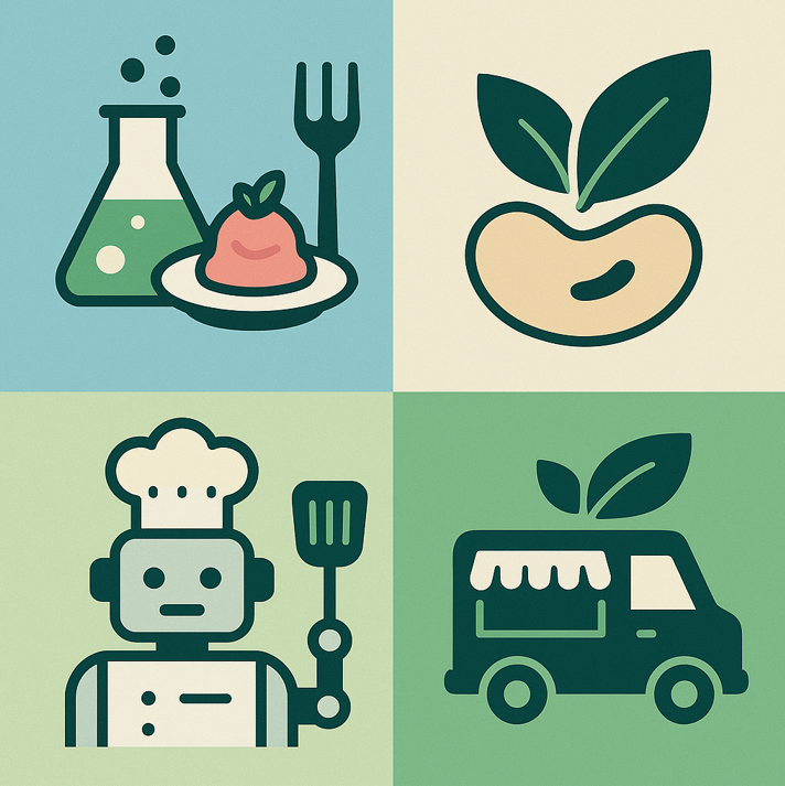 Cztery ikony reprezentujące trendy gastronomiczne 2025 – kuchnia molekularna, alternatywne białka, roboty kuchenne i ekologiczne food trucki.