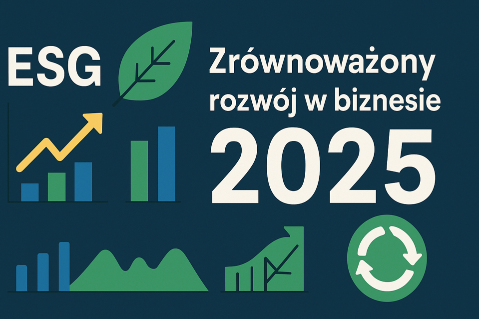 Ilustracja przedstawiająca ESG, zielony liść, wykresy wzrostu i symbol recyklingu – wizualizacja zrównoważonego rozwoju w biznesie 2025