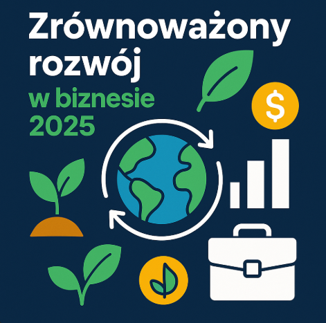 Ilustracja biznesu 2025 z ikonami ESG, liściem, wykresem i zamkniętym obiegiem – wizualizacja strategii ekologicznej