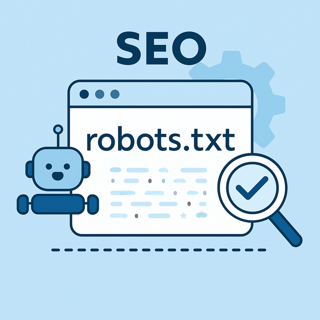Ilustracja SEO z robotem i dokumentem robots.txt, przedstawiająca koncepcję indeksowania stron internetowych
